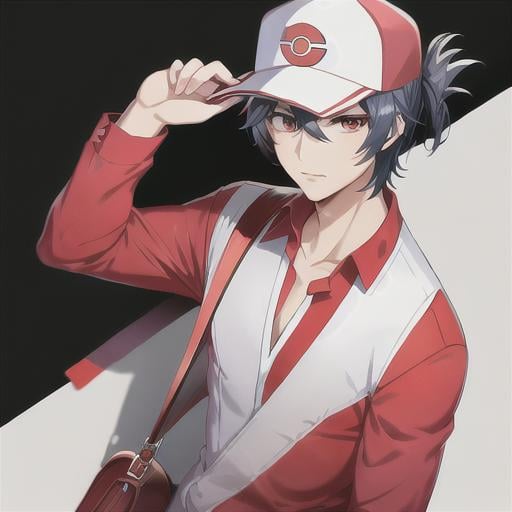 Pokémon trainer, anime boy, black hair, red eyes, fa