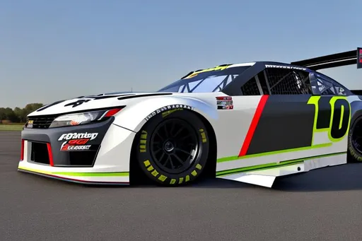 Prompt: No wing, Next Gen Nascar stock car, spoiler on trunk, sponsored by OpenArt, white and dark grey color scheme