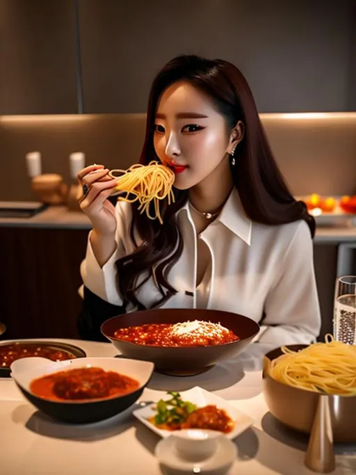 Prompt: Yves (loona) eats spaghetti and meatballs