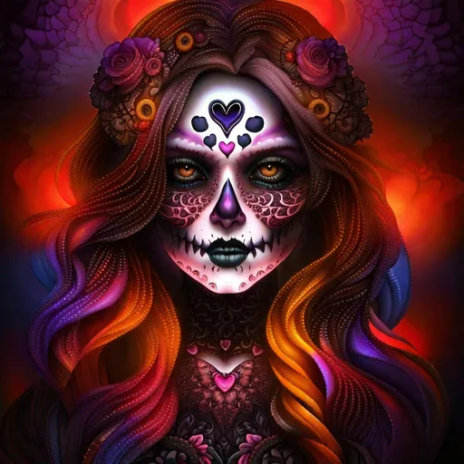 Prompt: Beautiful, Epic, Amazing, dark swirl, 3D, HD, Mandelbrot Julia Fractal ink, (Beautiful {Sugarskull}Female and happy face), freeform psychedelic chaos ultra HD, digital painting,  desert with {heart-shaped Sunset} background, uber detailed, 64k, high quality, sharp focus, studio photo, intricate details, highly detailed --s98500