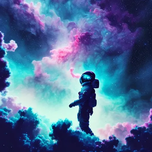 Prompt: How about creating a captivating space-themed artwork featuring the ethereal beauty of swirling nebulas and twinkling stars with ăn astronaut in it dark, blue themed

