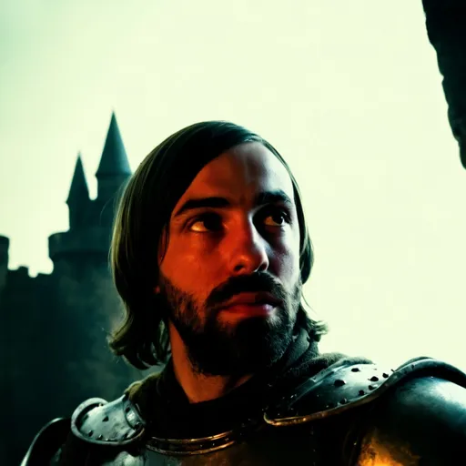 Prompt: Knight in armor without helmet, dark castle room, dimly lit face, 70s-80s film style