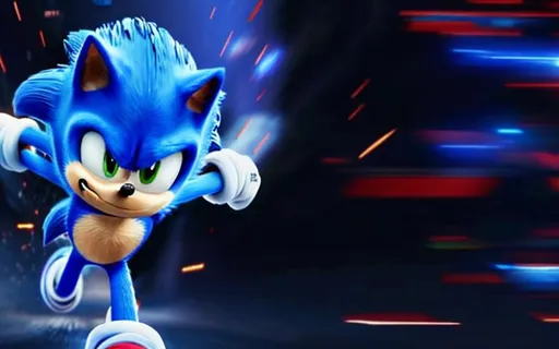 Prompt: sonic corriendo con rayos supersonicos y con el logo de la pelicula