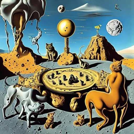 Prompt: Salvador Dali stile, with cats and dogs on the moon playing video games  