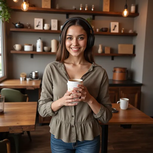 Prompt: A realistic young woman in her mid-20s with large, expressive eyes and brown hair. She looks cute and approachable. She is standing inside a cozy coffee shop, wearing headphones and holding a cup of coffee. She smiles warmly and looks directly into the camera. The setting includes wooden tables, shelves with coffee beans, and soft lighting, creating a welcoming atmosphere.