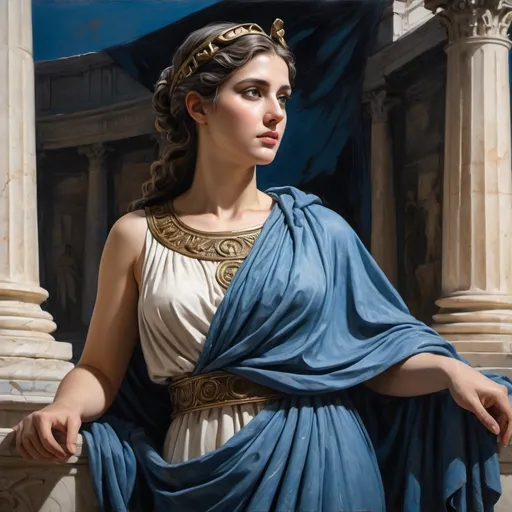 Prompt: a noble wioman in marble amphitheater with black sheets, antique scene, with historical details, 1st century period, Roman tunics, painting style
(ancient marble amphitheater), vibrant blue sheets draping majestically, intricate historical details, 1st century Roman period, extraordinary (Roman tunics) worn by figures, rich textured brushstrokes, dramatic lighting casting shadows, atmospheric mood evoking nostalgia and grandeur, (masterpiece painting), ultra-detailed and stunning composition, capturing the essence of Roman heritage and elegance.