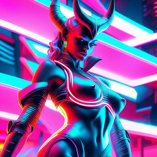 Prompt: a beautiful female demon in a dynamic pose in a retro futuristic synthwave cyberpunk neon paradise.  neon lighting, high quality, beautiful, synthwave, cyber, retro, futuristic