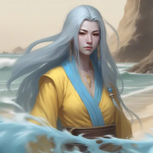 Prompt: dnd a a female water gensi monk wearing sand yellow robes with long hair made of flowing water and pale blue skin in a beach