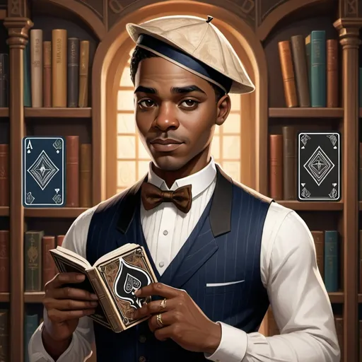 Prompt: A portrait featuring an African American character inspired by classic literature to promote a mobile game Spades. The character is dressed in elegant 1920s attire, with a sophisticated and intellectual look. They hold a book in one hand and a deck of Spades cards in the other, standing in front of a vintage bookshelf filled with classic books. The background features elements of Art Deco design, with rich colors and intricate patterns. The character's expression is confident and poised, reflecting a deep connection to both literature and the game of Spades.