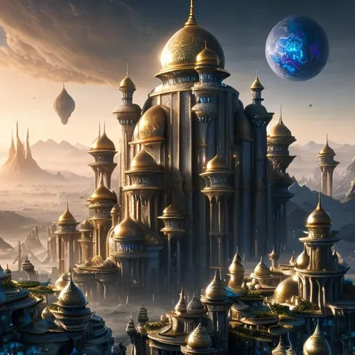 Prompt: Mystical Kingdom dominated by dazzling and ultra-detailed sci-fi elegant mosques, exquisite palaces, stunning buildings, starships, highest quality of detail and design, intricately detailed background, digital art masterpiece, futuristic style of design, hyper-detailed background, perfect image composition, Sci-Fi, Ultra HD 512K, Octane 3D, Unreal Engine 5, CryEngine, high clarity, high sharpness,no fog, harmony, order, proportions, hierarchy, symmetry.