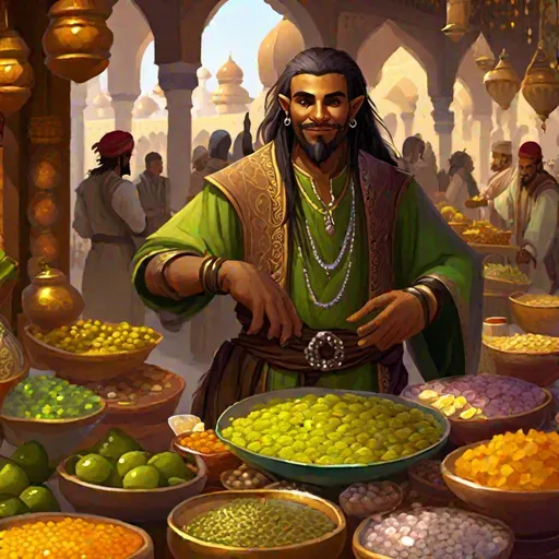 Prompt: A rich half-orc merchant in arabian garments. He stays in front of a banquet of goods. In background a great Bazar.
Rpg art. Magic the gathering art. 2d.