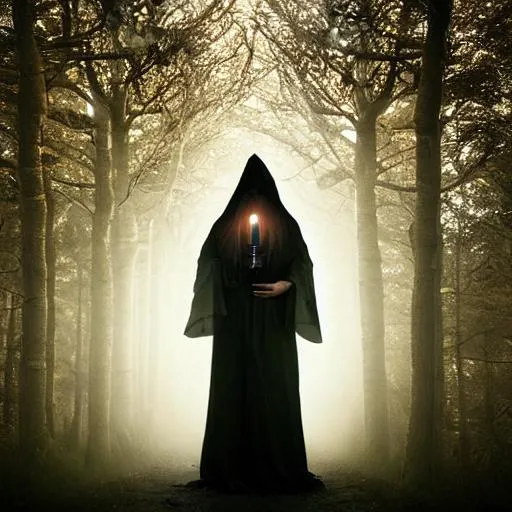 Prompt: Hooded Evil witch goddess holding a lantern, dark forest, horror, dark night sky, fog, High quality, photo realistic 