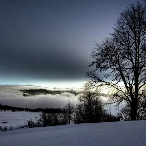 Prompt: dream 
while its snowing moonlit peeking through the clouds


 