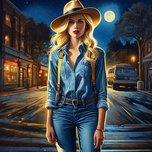 Prompt: "centered portrait of a Beautiful blonde Female hipster, vintage style Vibrant skinny ripped jeans, denim shirt, wool fedora hat, bow tie, suspenders, wristwatch, sneakers, standing in a street moonlit street, Hyperrealistic, splash art, concept art, mid shot, intricately detailed, color depth, dramatic"
"hyperdetailed photoillustration photorealism van Gogh Cinema 4D Oil painting Huang Guanjian finalRender lifelike Greg Rutkowski ismail Inceoglu Todd McFarlane Gustave Doré 16K resolution Unreal Engine 5 3D shading Alphonse Mucha hyperrealism Dan Witz photorealism hyperdetailed"