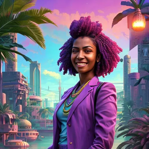 Prompt: attractive hot late-twenties african egyptian woman female, brown skin, smile, spiked purple haircut, government uniform, tropical island, solarpunk vaporwave, portrait, realistic details, photorealistic, 8k render, cinematic lighting, ultra detailed