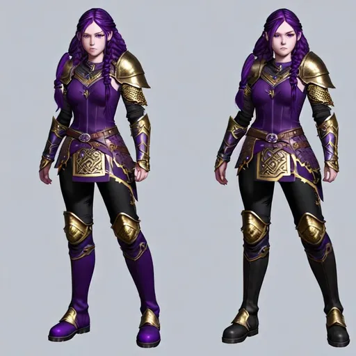 Prompt: Character concept sheet, Digital Art, 20-year-old woman viking, dark purple hair, one braid, light blue eyes, black gear, gold armor, medium skirt with dragon scales, black pants, purple boots with gold highlights, unreal engine 8k octane, 3d lighting, full body, full armor
