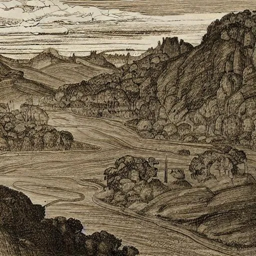 Prompt: a river valley in Leonardo da Vinci's style, sepia drawing
