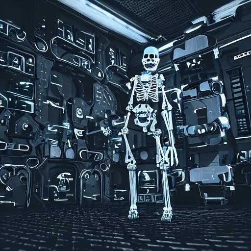 Prompt: A robotic skeleton in a futuristic society in a black theme