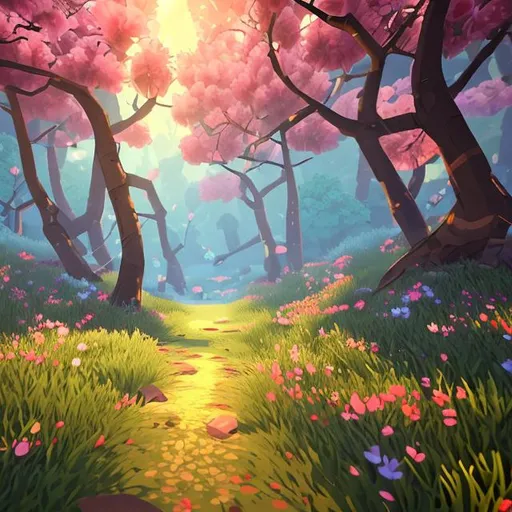 Prompt: 2d indie game background 32 bit, woods, flowers, spring