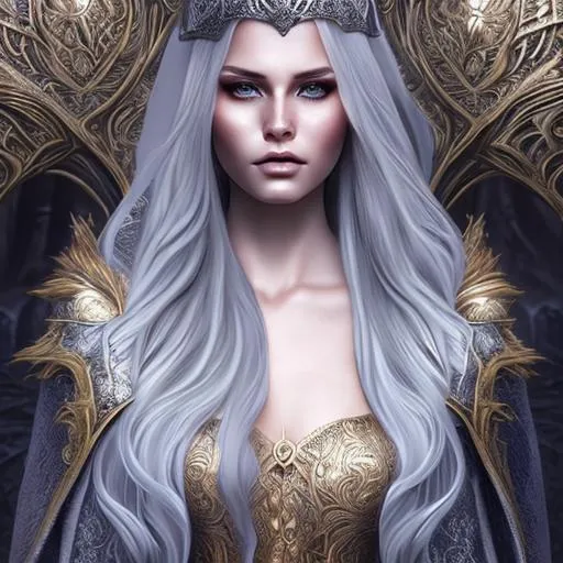 Prompt: Aelin Ashryver Galathynius, Queen of Terrasen, young female, toned, ((snow white hair)), ((amber eyes)), intricately detailed, hyper realistic, dramatic lighting, soft shading, beautiful highly detailed face, concept fantasy, character design high octane, dramatic lighting, ((silver white gown)), ((cape)),