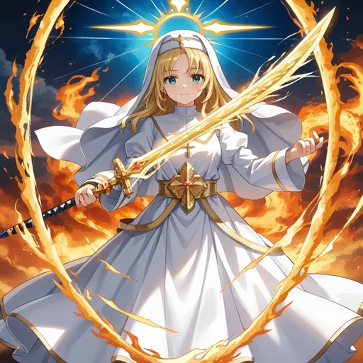 Prompt: (Nun), ethereal figure in a flowing (white dress), wielding a brilliant (golden sword), radiating a mesmerizing (golden aura), surrounded by a celestial (halo), enveloped in stunning (golden fire), set against a dramatic backdrop of soft clouds and heavenly light, evoking a sense of divine inspiration, ultra-detailed, cinematic quality, illuminating the scene in a warm, glorious glow.