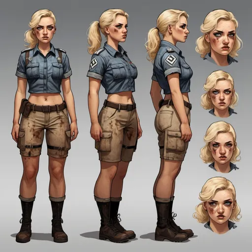 Prompt: Character illustration sheet for a post-apocalyptic survivor. She is a 21 year old woman. Grungy, dirty, attractive, curvy, athletic, tanned, blonde, wearing tight nazi-inspired uniform, multiple angles, facial focus, intense aura, 