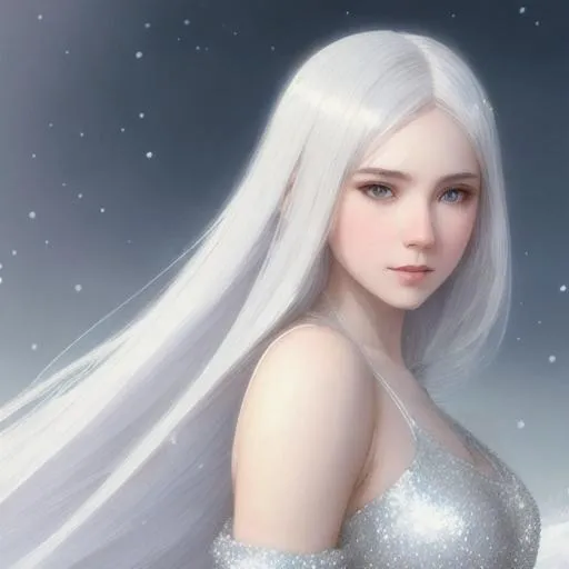 Prompt: Girl with white skin, lose white straight hair, clear silver eyes, wearing a silver glittering dress, zoomed out, in a snowy landscape extremely detailed. Krenz Cushart + loish +gaston bussiere +craig mullins, j. c. leyendecker +Artgerm. 