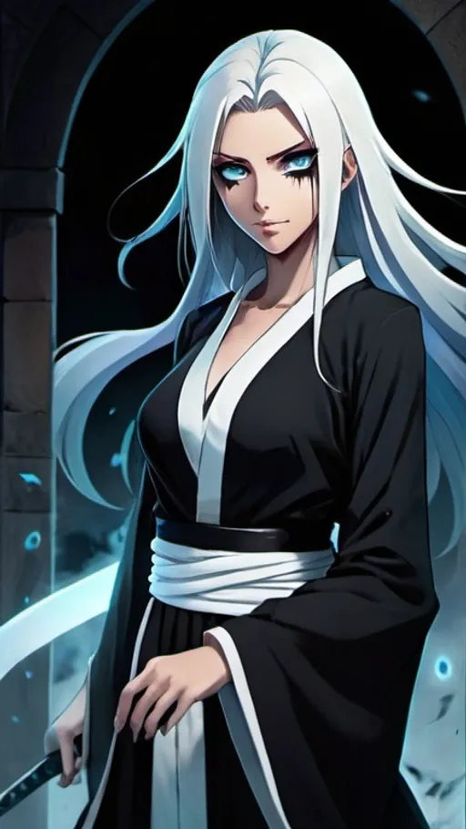 Prompt: Anime illustration of Noelle Silva as a Bleach necromancer, detailed facial features, high-quality, misty atmosphere, dark tones, black haori, detailed eyes, mystical, atmospheric lighting, cross-over, detailed, dark, mystical, azure eyes, subtle facial markings, full-body, anime, bleach style, misty, detailed eyes, highres, dark tones, atmospheric lighting, mystical