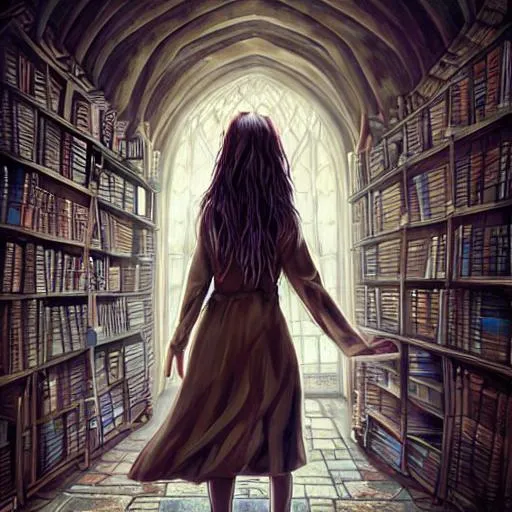Prompt: art teacher at the Hogwarts wall in a scene from Harry Potter, brown eyes, backdrop of books, Hogwarts library, ethereal, balayage jewelry set, wild hair with bangs, royal vibe, highly detailed, digital painting, on trend artstation, HD quality , tanned skin, artgerm, by Ilya Kuvshinov