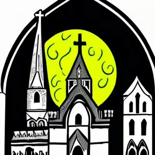Prompt: church, church design, medieval architecture, catholic, city skyline, old town, sketchy, cartoon style, happy life, moon, coloring page