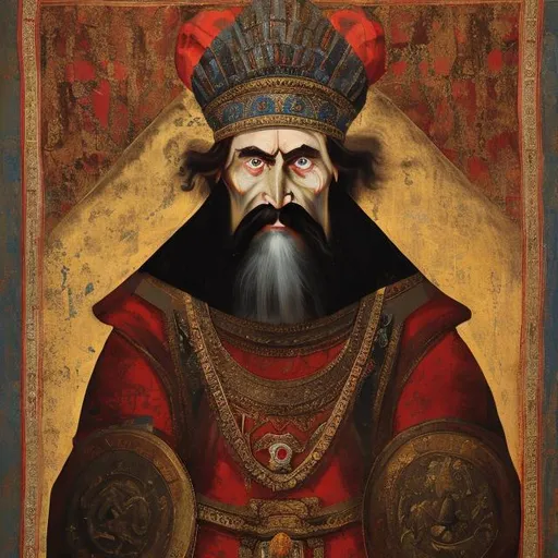 Prompt: Ivan the Terrible at his Castle in Moscow. Oil paint . Silk cloth.  Fearless face. Horrible look