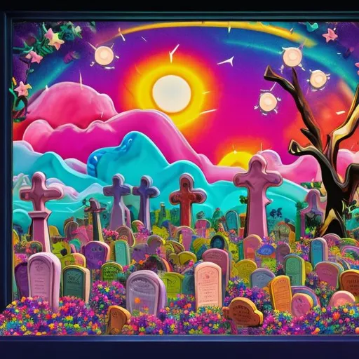 Prompt: Lisa frank style cemetery diorama