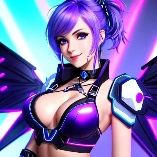 Prompt: 4K, 16K, picture quality, high quality, highly detailed, hyper-realism, cute skinny female standing, mecha wings, blue anime eyes, choker, gloves, smirking smile, blue, purple, white, cyberpunk style, neon lights, short purple hair with blue highlights, party, lights, spotlights, stage light, 
