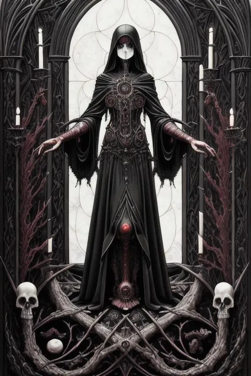 Prompt: new work by mary faedi, in the style of detailed and macabre, hyper-detailed, esoteric arcane mystical symbolism, obsidian red and ivory, realistic fantasy artwork, neo-gothic darkness, colorful moebius, super-resolution