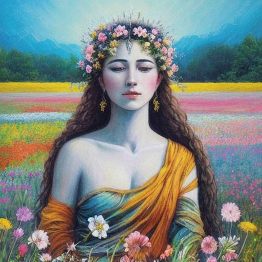 A painting of a goddess in a field of flowers | OpenArt