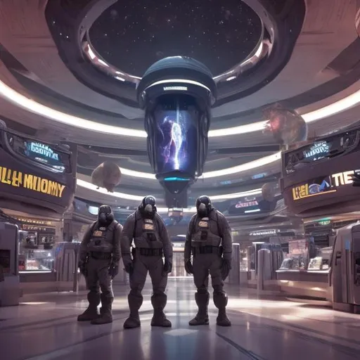 Prompt: Mammoth security guards in a busy alien mall, widescreen, infinity vanishing point, galaxy background, surprise easter egg