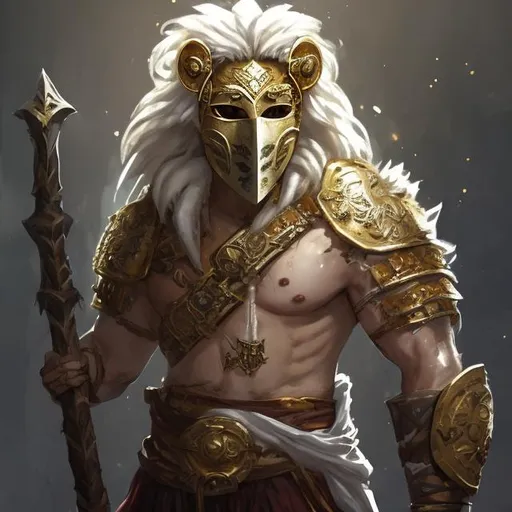 Prompt: lion gold,  very white scarred skin, covered in bandages, gold tattered cloth armor exposes his midriff, hood of magical mask like,  large gold gem between pecs in chest, Barbarian, Strong, wielding large two-handed great-axe, Fantasy setting,