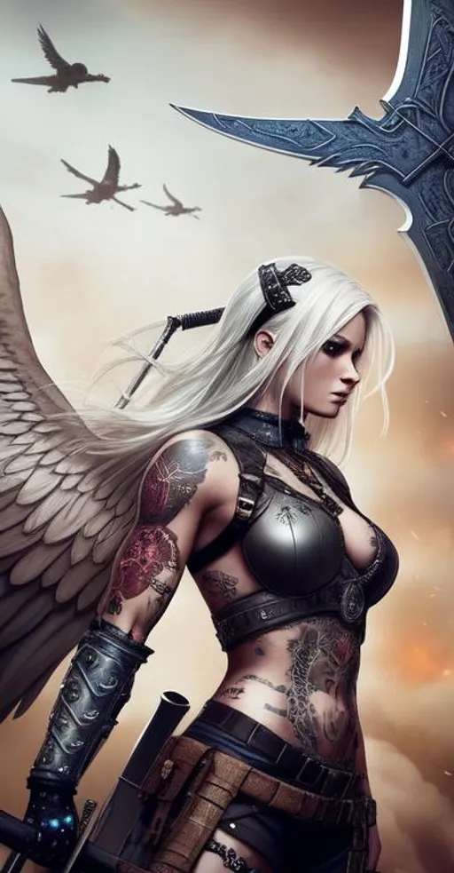 Prompt: Beautiful viking angel female tattoos, strong apocalyptic, swords, guns, axes, anatomical, colorful, gothic, mech, hazardous waste, explosions 