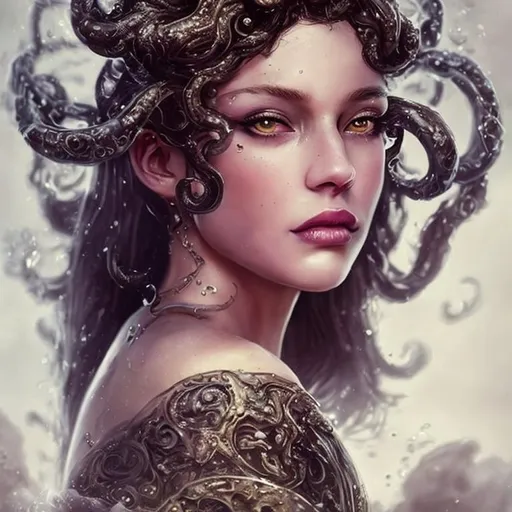 Prompt: A beautiful fantasy kraken queen female, glossy lips, ornate jewelry, highly detailed full body, no hair on face, just one head, long flowing black hair,fully dressed, under sea background with bubbles, crown on head, epic composition, ultra wide-shot, dynamic pose, concept art, dramatic lighting, digital painting, smooth, character design, ((sharp focus))
