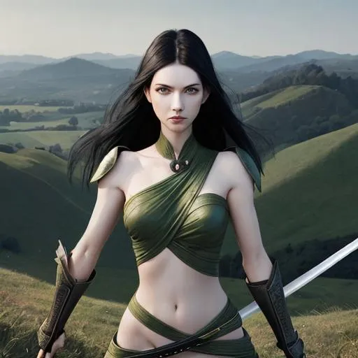 Prompt: A woman (with black hair and green eyes, volotuouse body) standing victorius on a hill holding swords in both hands.   
