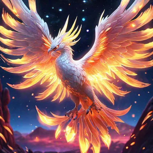 Prompt: Headshot of A crystal-clear glass 
white bioluminescent flaming phoenix that is glowing, nebula fireballs and lava, beneath the stars, sunset, highres, best quality, concept art, 8k