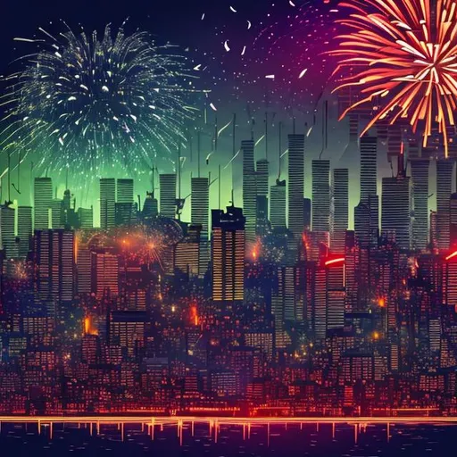 Prompt: Fireworks exploding off a city roof with a skyline in the background. The sky is alive with beautiful swirls and the buildings are vibrant with neon lights