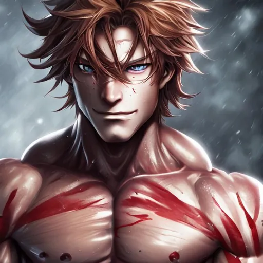 Prompt: Anime male (Red side-swept hair covering his right eye) muscular, UHD, 8K, Highly detailed, insane detail, best quality, high quality.