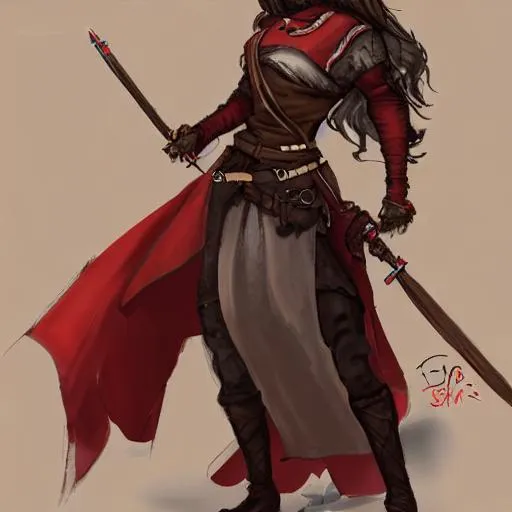 Prompt: female rogue with long brown hair wearing red musketeer clothing in medieval style, dnd character profile, concept art from art station