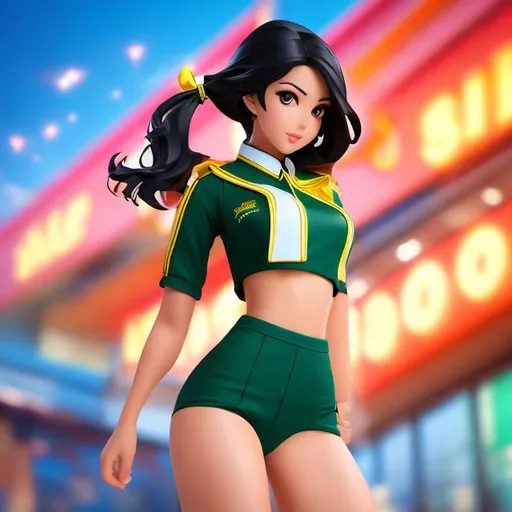 Prompt: Dynamic pose, Whole body, Full figure. bikini uniform, black hair, dark skin, green eyes, lots of details, 