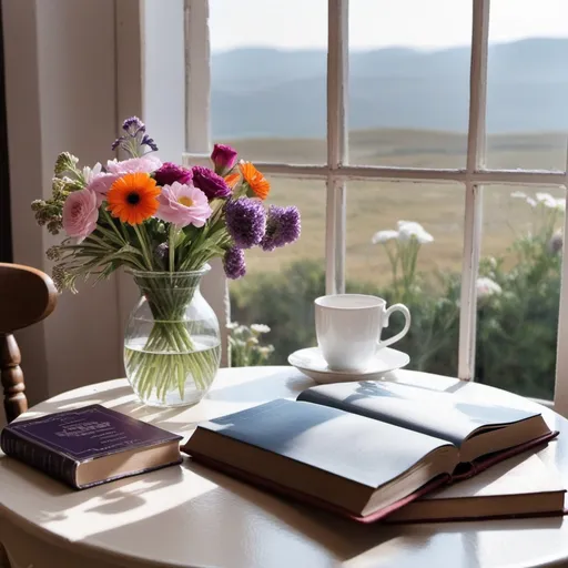 Prompt: fantastic table view along with flowers and books