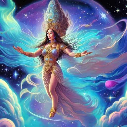 Prompt: cosmic godess flying in space with high detailed graphics 


