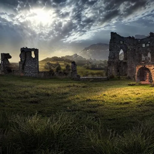 Prompt: a grass land and ruins and small village, 4 k, 8 k, photorealistic landscape, landscape imagery, 4 k luminous lighting, volumetric lighting,