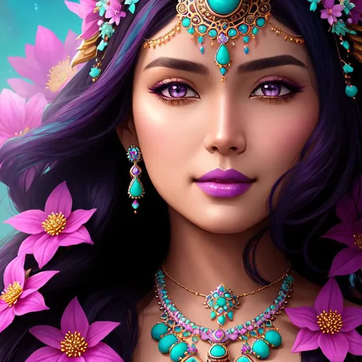 Prompt: Cosmic Epic Beautiful goddess, facial closeup, mauve flowers and turquoise jewelry