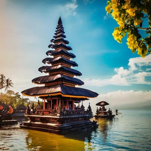 Prompt: A breath taking view of a Balinese temple floating in the sunny sky surrounded by magical people fantasy beautiful 